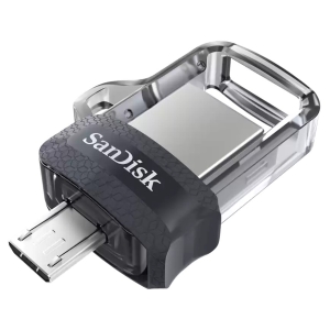 SanDisk USB flash drive with a retractable metal connector and transparent casing, used for data storage.