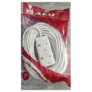 White four-outlet power strip with a long coiled cord inside red plastic packaging, ready for use as an extension lead.