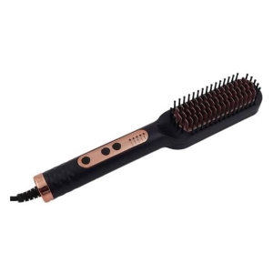 Heated hair styling brush with a black handle and rose-gold plate, designed for smoothing and straightening hair.