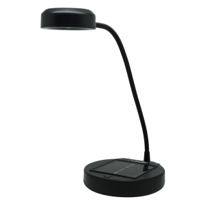 SL-5501ABK - Computech-Solutions Black solar-powered desk lamp with a curved gooseneck and round base.