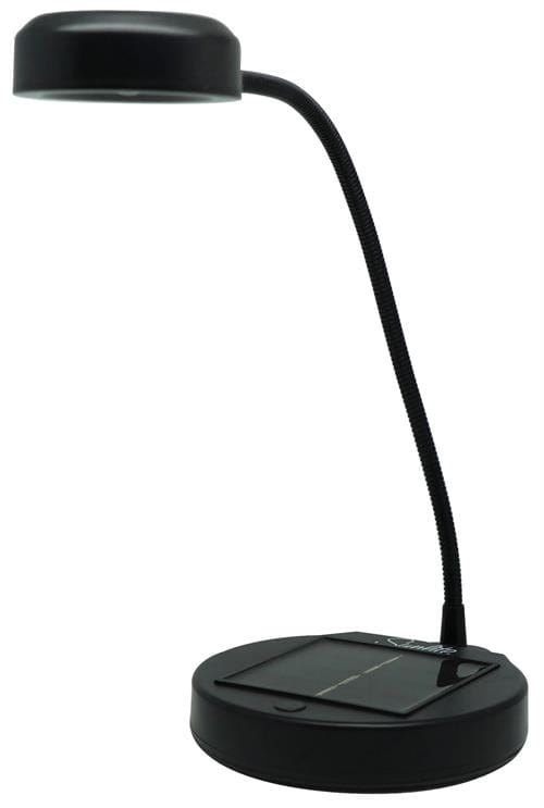 SL5501ABK ComputechSolutions Black solar-powered desk lamp with a curved gooseneck and round base.