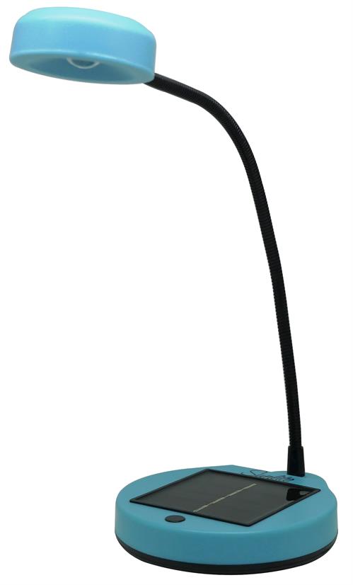 SL-5501ABU - Computech-Solutions Blue solar-powered desk lamp with a flexible gooseneck and round base featuring a built-in solar panel