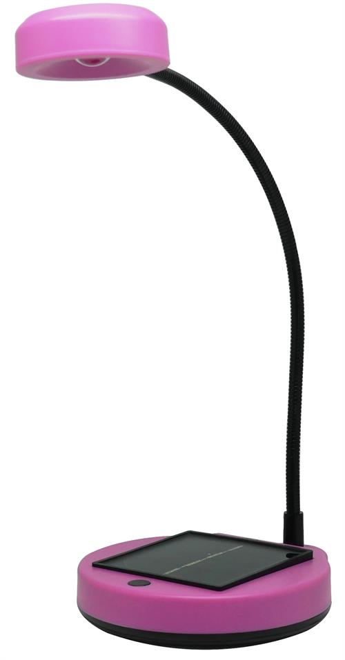 SL-5501AP - Computech-Solutions Pink desk lamp with a flexible gooseneck and a circular base; a smartphone rests on a built-in charging pad on the base.