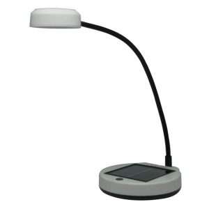 Flexible, gooseneck desk lamp with a round base featuring a solar panel (solar-powered lamp).