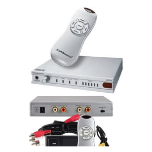 White remote on top of a silver set‑top box with AV inputs, and an AV receiver with RCA cables nearby.