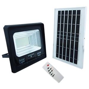 Solar-powered flood light with LED housing, solar panel, and remote control kit
