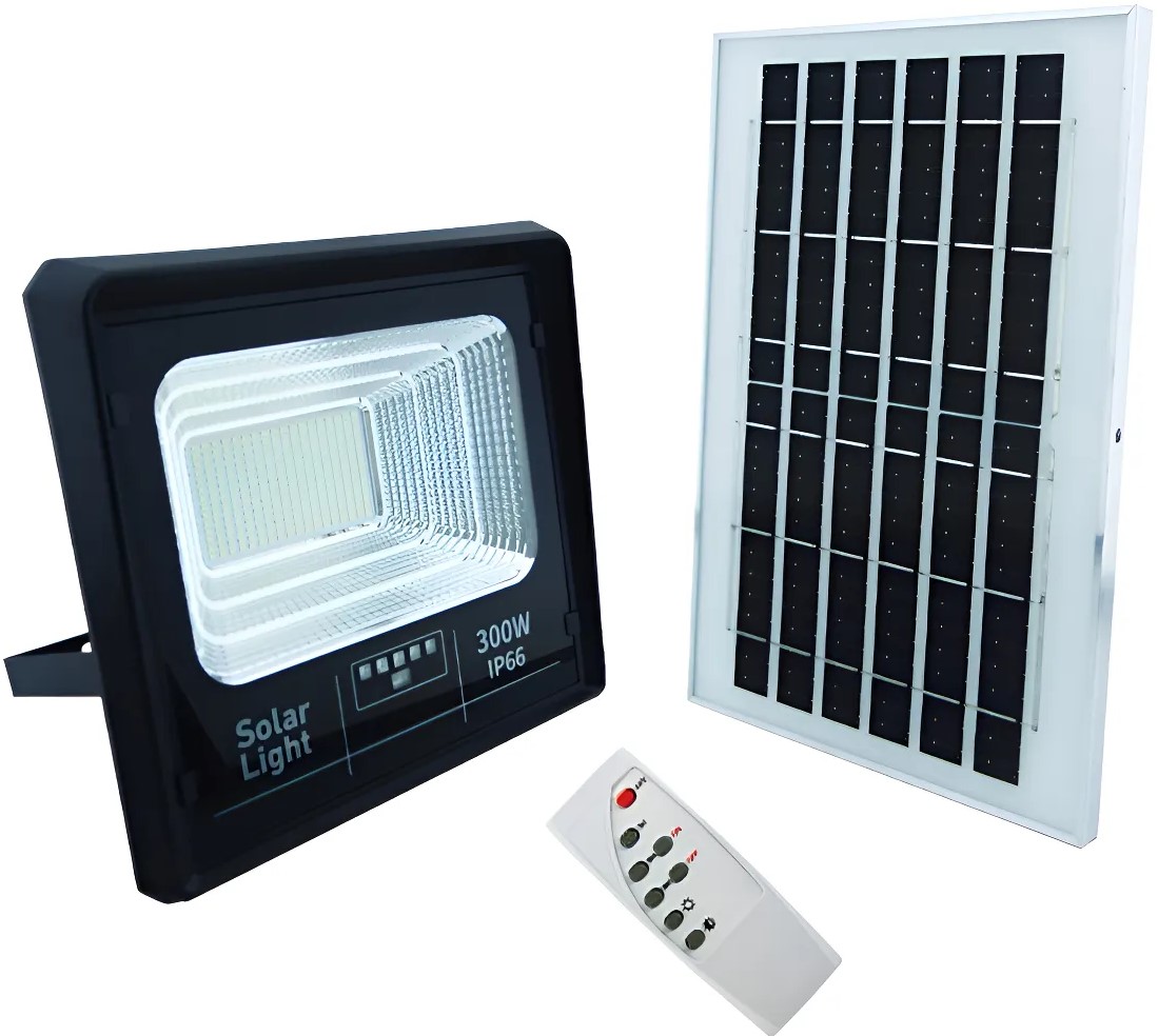 SOL-JT91001-YY300W - Computech-Solutions Solar-powered flood light with LED housing, solar panel, and remote control kit