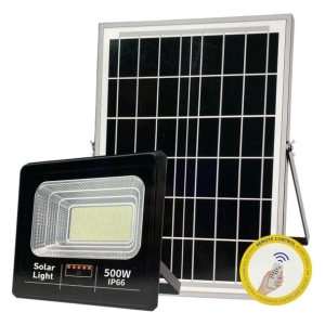 Solar panel with a black 500W IP66 flood light and a remote control sticker in the corner.