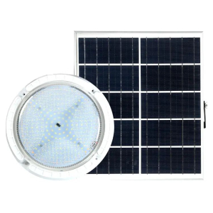 Round LED floodlight in front of a rectangular solar panel array, illustrating a solar-powered outdoor lighting system