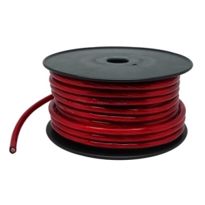 Coiled red electrical wire on a black spool for storage and use