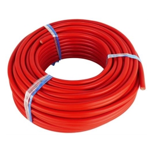 Coiled red plastic hose bound with blue straps