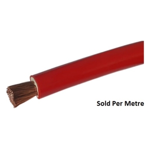 Red electrical cable with exposed copper conductors at the cut end, labeled sold per metre.