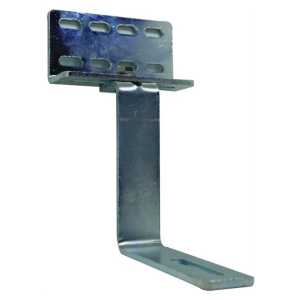Metal adjustable mounting bracket with a perforated top plate and vertical leg terminating in a flat base with a slot for anchoring.