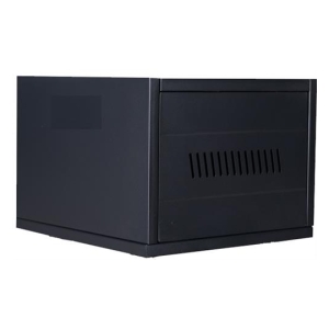 Black metal storage cabinet with a vented front panel on the right side and a solid left panel.