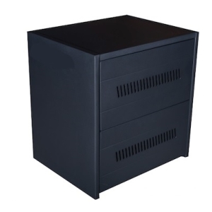 Dark metal storage cabinet with three vented front panels, likely a server or equipment rack cabinet.