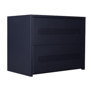Dark blue metal equipment cabinet with two vented front panels in the center and bottom sections.