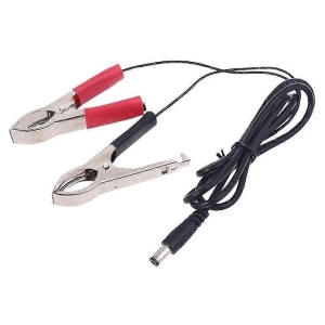 Two metal alligator clip leads with red and black insulated grips attached to a long black power cord ending in a barrel-style DC connector.