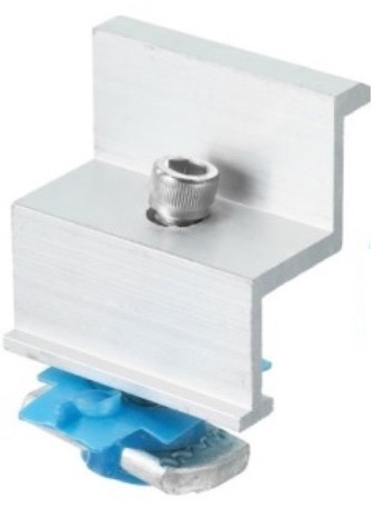 SOLELL40MMENDCLAMP - Computech-Solutions Small metal vise/clamp mounted on a white bracket with a screw-adjusted jaw and blue plastic base/sliding component.