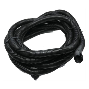 Coiled black ribbed flexible hose on a white background