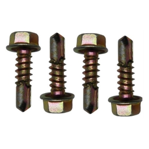 Four rust-colored screws lined up in a row with flat heads and threaded bodies.