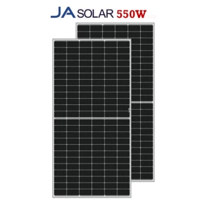 Two JA Solar 550W solar panels leaning together with dark photovoltaic cells and white frames, ready for installation.