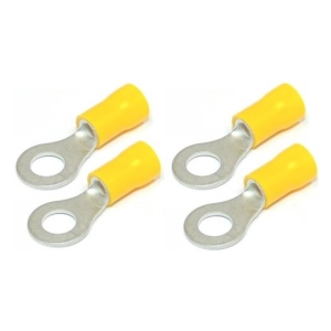 Four yellow-insulated ring terminals arranged in a 2x2 grid, metal ring and crimp area visible