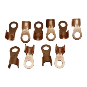 Assortment of copper crimp terminals (ring and fork) for electrical wiring.