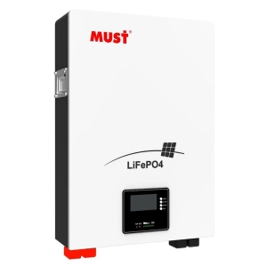 White LiFePO4 battery enclosure labeled MUST with a digital control panel at the bottom, used for energy storage systems.