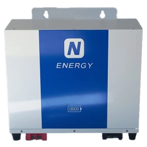 White energy storage unit with a blue front panel displaying an 'N' logo and the word ENERGY; red and black terminals visible at the base.