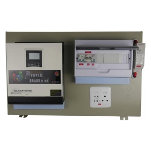 Solar inverter system mounted on a wall board with a display panel, circuit breaker panel, and a standard double electrical outlet.