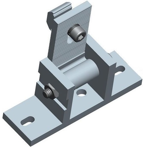SOLPNSFST00001 - Computech-Solutions Isometric view of a small roller guide mounted on a base plate with two through-holes; a vertical support holds a cylindrical roller secured by a top screw.
