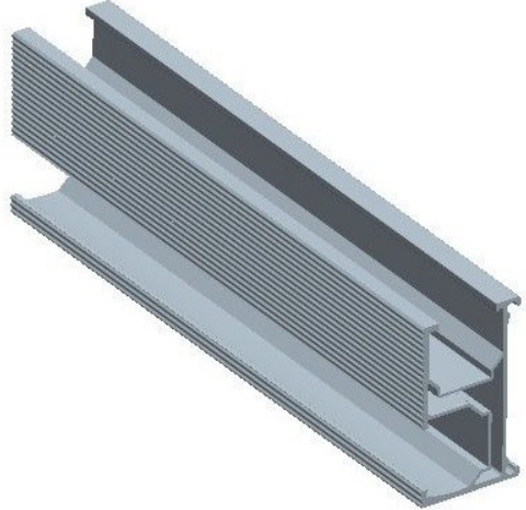 SOLPNSFST00004 - Computech-Solutions Isometric view of a grooved aluminum extrusion rail with a hollow channel, a mounting track for sliding components.