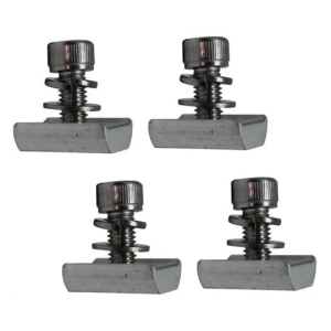 Four small metal clamps with screw-adjusted jaws and springs arranged in a 2x2 grid against a white background