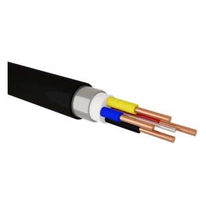 Cross-section of a black electrical cable showing four insulated copper conductors colored yellow, blue, red, and brown.