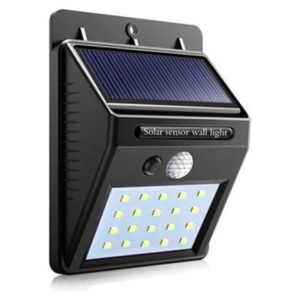 Outdoor solar-powered wall light with a solar panel, motion sensor, and a grid of LEDs.