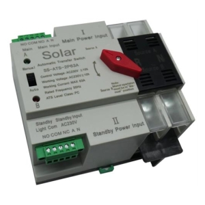 Solar automatic transfer switch module with main and standby inputs and a red manual selector lever (ATS) for switching power sources