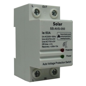 Auto voltage protection switch for solar systems (SS-AVS-050): white unit with L/IN terminals bottom and L/OUT top, green Power and red Protection LEDs.