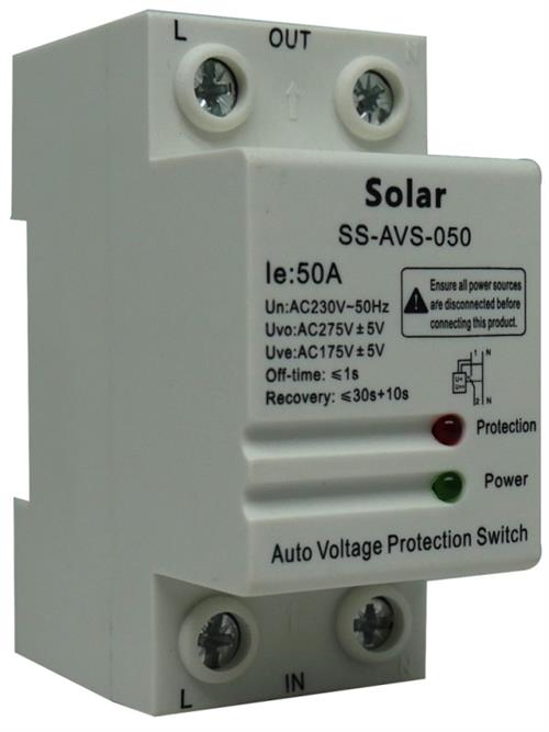 SOLSSAVS050 - Computech-Solutions Auto voltage protection switch for solar systems (SS-AVS-050): white unit with L/IN terminals bottom and L/OUT top, green Power and red Protection LEDs.