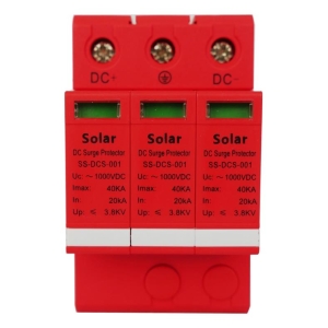 Three red DC surge protector modules labeled Solar SS-DCS-001 with DC+ and DC- terminals, used for solar power systems.