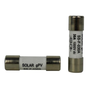 Two white solar PV fuses with gold end caps (SS-F-030A, 1000V DC); one standing upright, one lying horizontal.