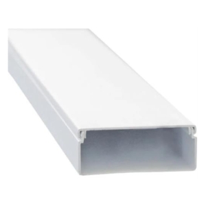 White rectangular cable raceway with an open front for concealing wires (cable management channel).