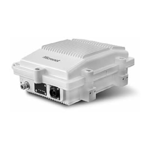 White rugged industrial enclosure with cooling fins and multiple side connectors, likely an outdoor electronics housing.