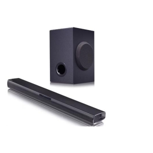 Black home theater speaker set: a long sleek soundbar with a matching square subwoofer on a white background.