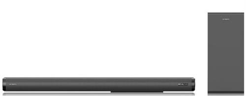 SS531 - Computech-Solutions Slim, low-profile soundbar on a white surface with a tall floor-standing speaker to the right against a white background