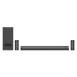 Dark gray home theater speaker system: long soundbar with two compact satellites and a tall subwoofer.