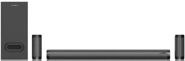 SS586 - Computech-Solutions Dark gray home theater speaker system: long soundbar with two compact satellites and a tall subwoofer.