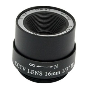 CCTV camera lens with 16mm focal length for 1/3 inch sensors, black metal body and threaded mount (IR).