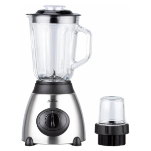 Countertop blender with glass pitcher on stainless base and a small detachable grinder/jar beside it.