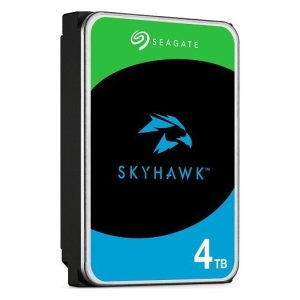 Seagate SkyHawk 4TB hard drive with green and blue label on a black drive body.