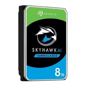 Seagate SkyHawk AI Surveillance 8TB hard drive with green top label and blue 8TB badge.